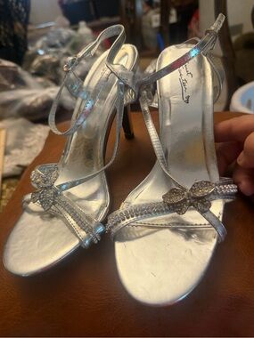 Stuart Weitzman Silver Rhinestone Butterfly Strap Heels
